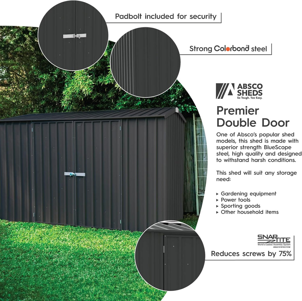 Absco Premier Storage Sheds, 10'x5' Metal Garage, DIY Backyard Shed, Utility Tool Storage, Weather & Wind Resistant Aluminum Panels & Steel Frame, Maintenance-Free, 12 Year Warranty, Monument Gray