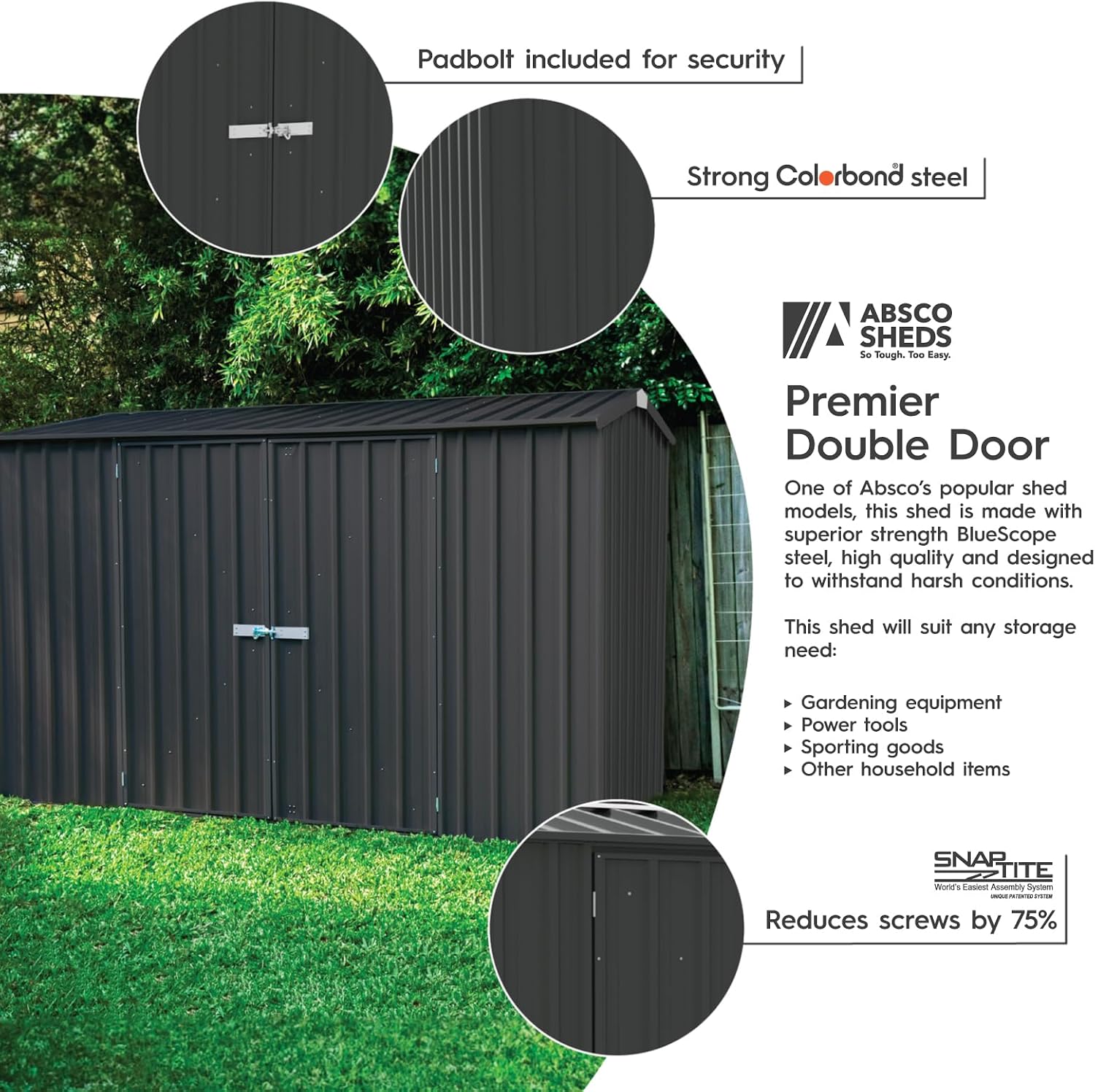 Absco Premier Storage Sheds, 10'x5' Metal Garage, DIY Backyard Shed, Utility Tool Storage, Weather & Wind Resistant Aluminum Panels & Steel Frame, Maintenance-Free, 12 Year Warranty, Monument Gray