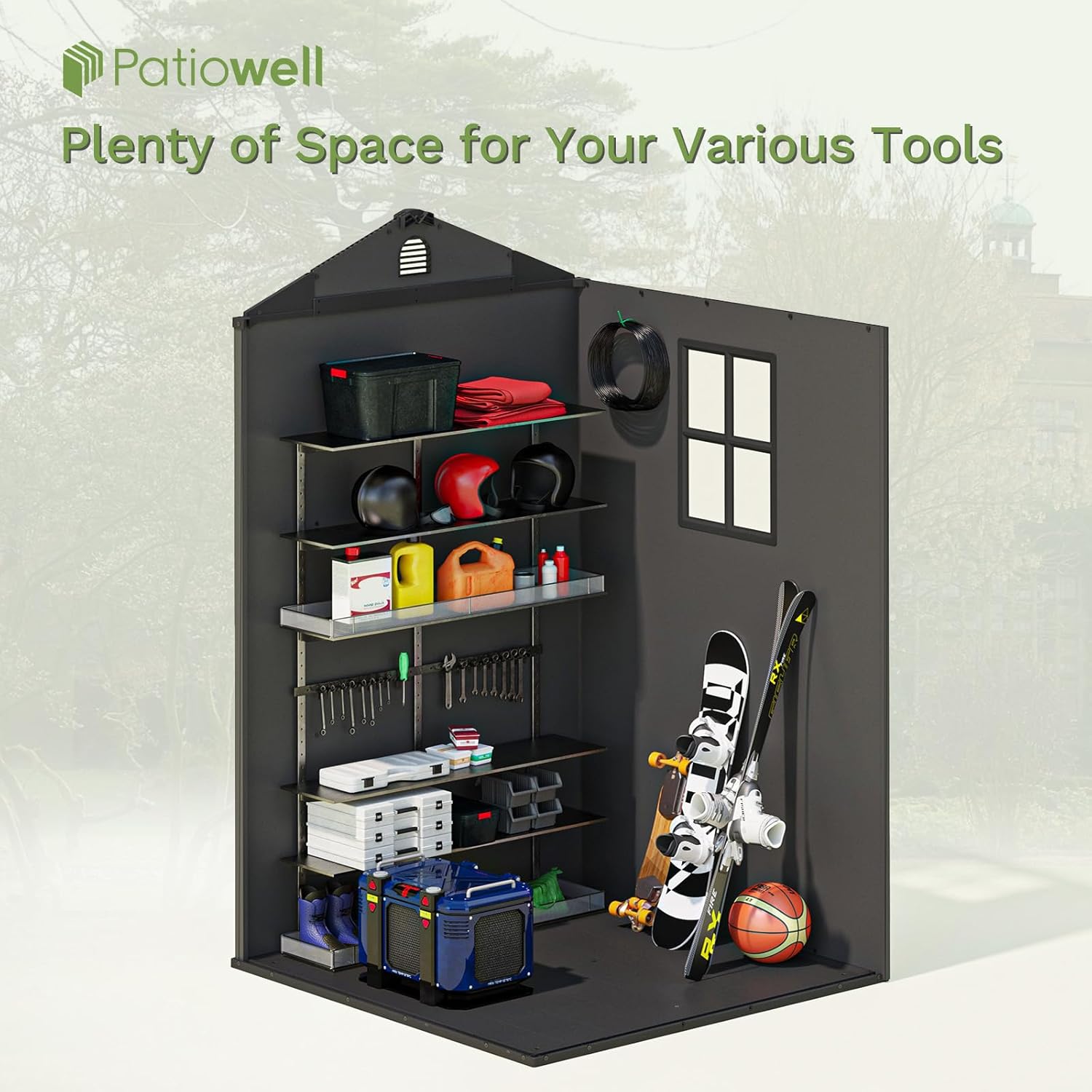 Patiowell 4 x 4 FT Plastic Outdoor Storage Shed with Floor, Garden Tool Resin Shed with Two Windows and Lockable Door for Garden, Backyard, Lawn, Easy to Install, Dark Grey