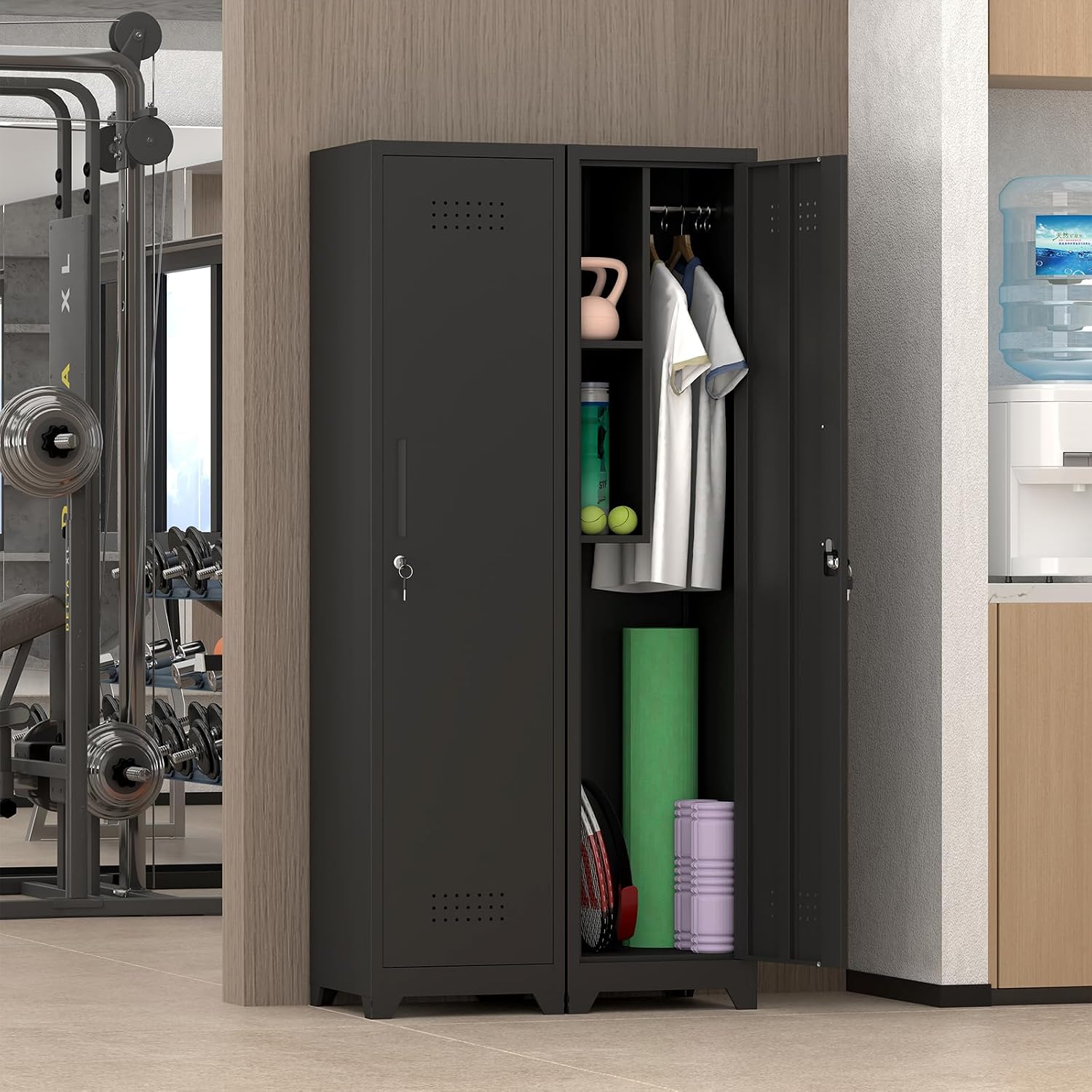 IRONFFICE Metal Utility Closet with Hanging Rod,Narrow Broom Closet with Door,Slim Laundry Storage Cabinet for Bathroo,Gym,Living Room,Black