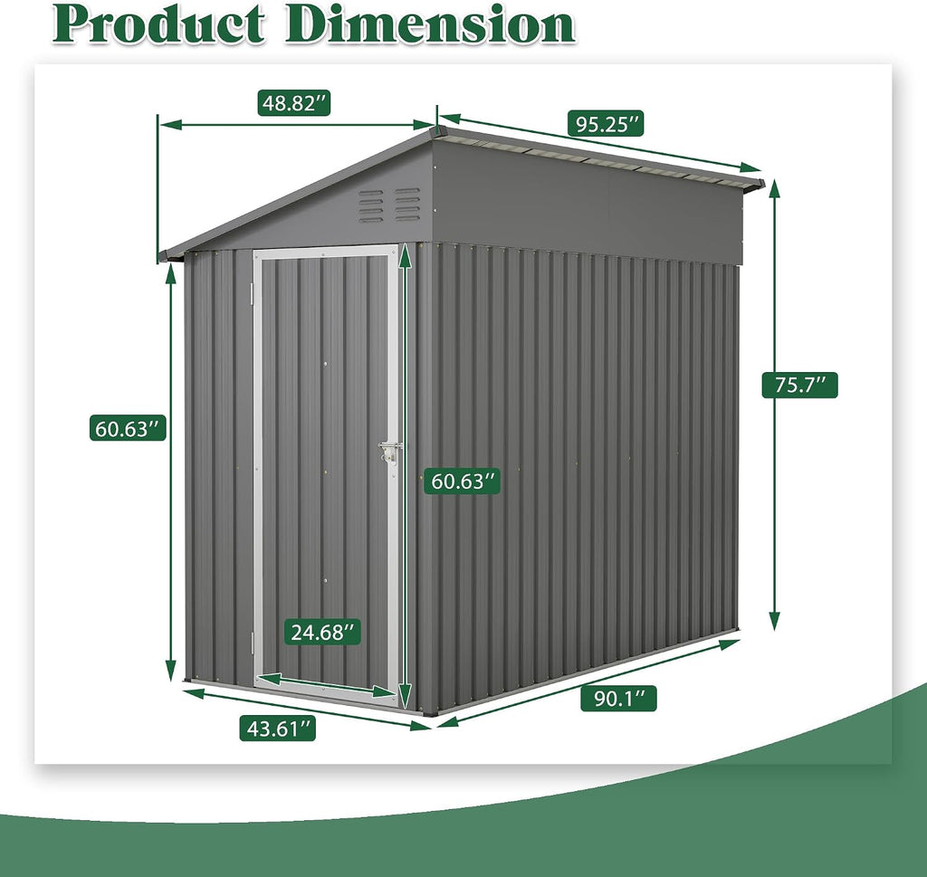 Lean to Storage Shed 4x8 FT Metal Sheds & Outdoor Storage Cabinet Lockable Tool Organization Bike Mower Shed Portable Outside for Garden Patio, Grey