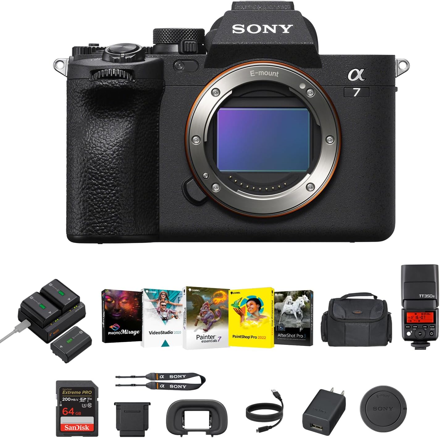 Sony a7 IV Full-Frame Mirrorless Camera - Fast Hybrid Digital Camera w/Batteries & Dual Charger Kit, Corel Software Kit, Godox Flash, 64GB SDXC Memory Card & Large DSLR Bag - Essential Bundle