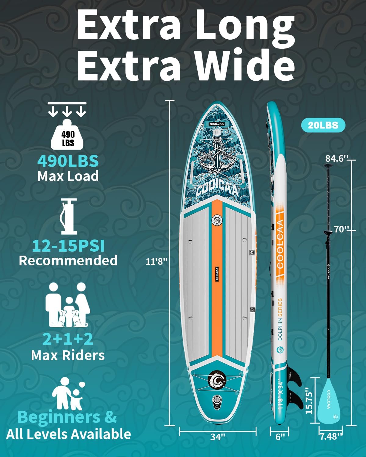 COOLCAA Dolphin Inflatable Paddle Board, Extra Wide & Stable SUP for Family and Beginners, Versatile for Water Activities, with Complete Accessories & Backpack