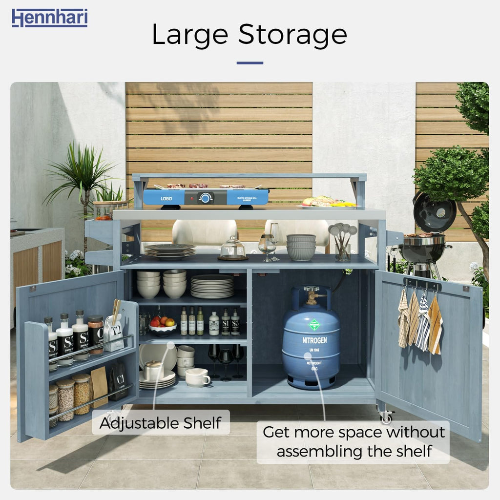 Outdoor Kitchen Island with Stainless Steel Top & Raised Shelf, Rolling Grill Cart with Spice & Towel Rack, Outdoor Island Table with Storage Cabinet & Hooks (Greyblue)