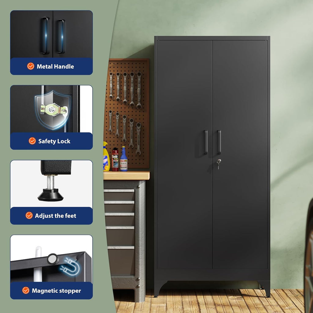 Yizosh Metal Garage Storage Cabinet with 2 Doors and 4 Adjustable Shelves - 71' Steel Lockable File Cabinet,Locking Tool Cabinets for Home,Office,Garage,Gym,School