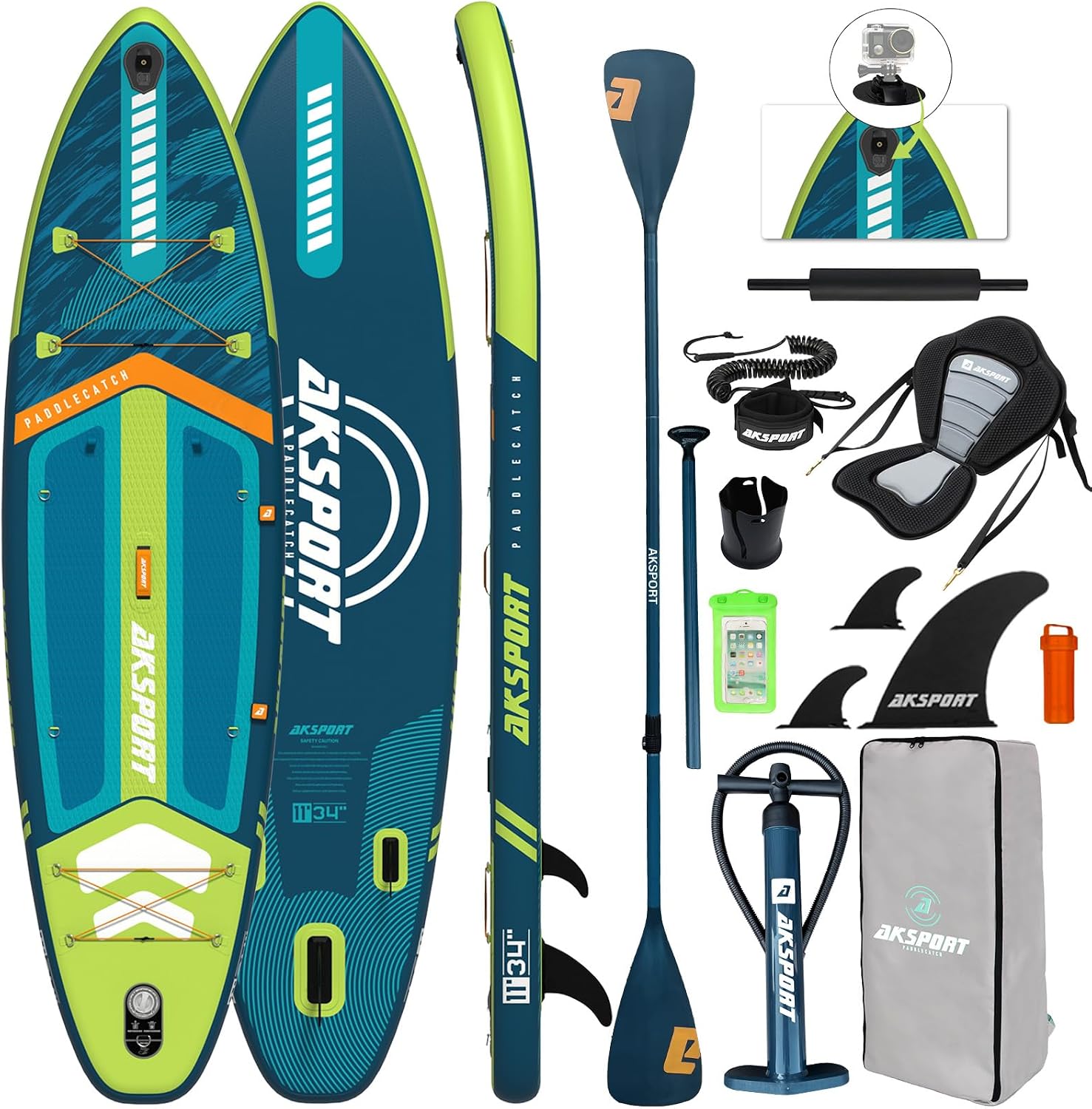 AKSPORT 11' Inflatable Stand-Up Paddle Board with Upgraded SUP Accessories Kit | Extra Wide 34' Design | Non-Slip Deck | Premium SUP Board for Adults & Youth of All Levels