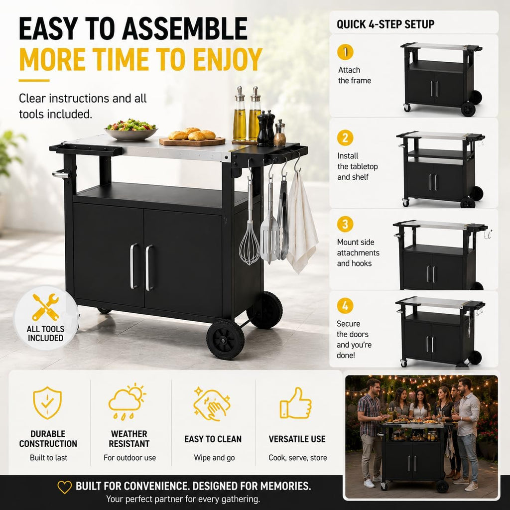 Outdoor Grill Cart with Storage, Rolling Outdoor Bar Cart and Foldable Korean BBQ Table, Movable Outdoor Kitchen Island and BBQ Cart for Patio Dining and Food Prep, with Wheels and Hooks