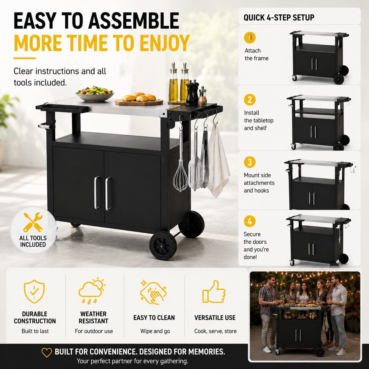Outdoor Grill Cart with Storage, Rolling Outdoor Bar Cart and Foldable Korean BBQ Table, Movable Outdoor Kitchen Island and BBQ Cart for Patio Dining and Food Prep, with Wheels and Hooks