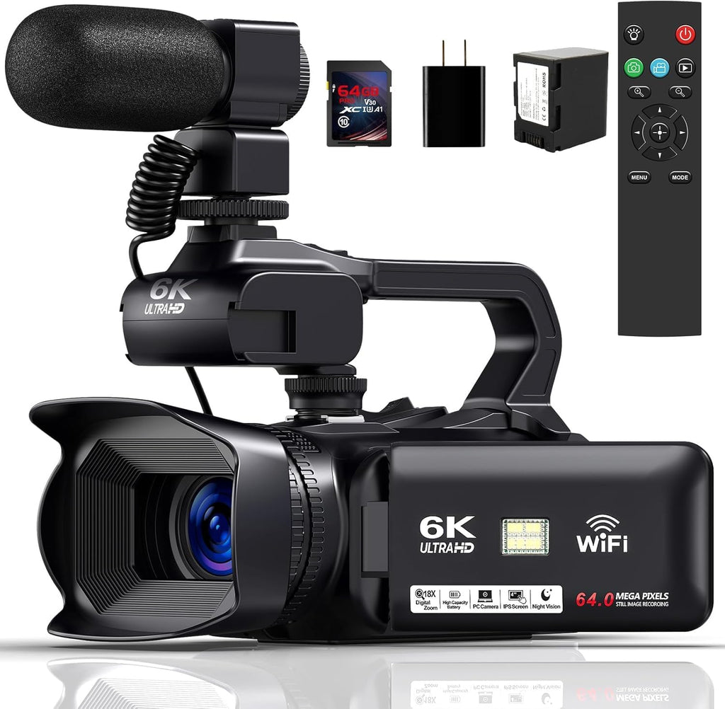 Camcorder Video Camera 6K 64MP IR Night Vision Vlogging Camera for YouTube 18X Digital Zoom 4.0 Inch Touch Screen Video Camera with WiFi, Microphone, Remote Control, 64GB SD Card,Stabilizer