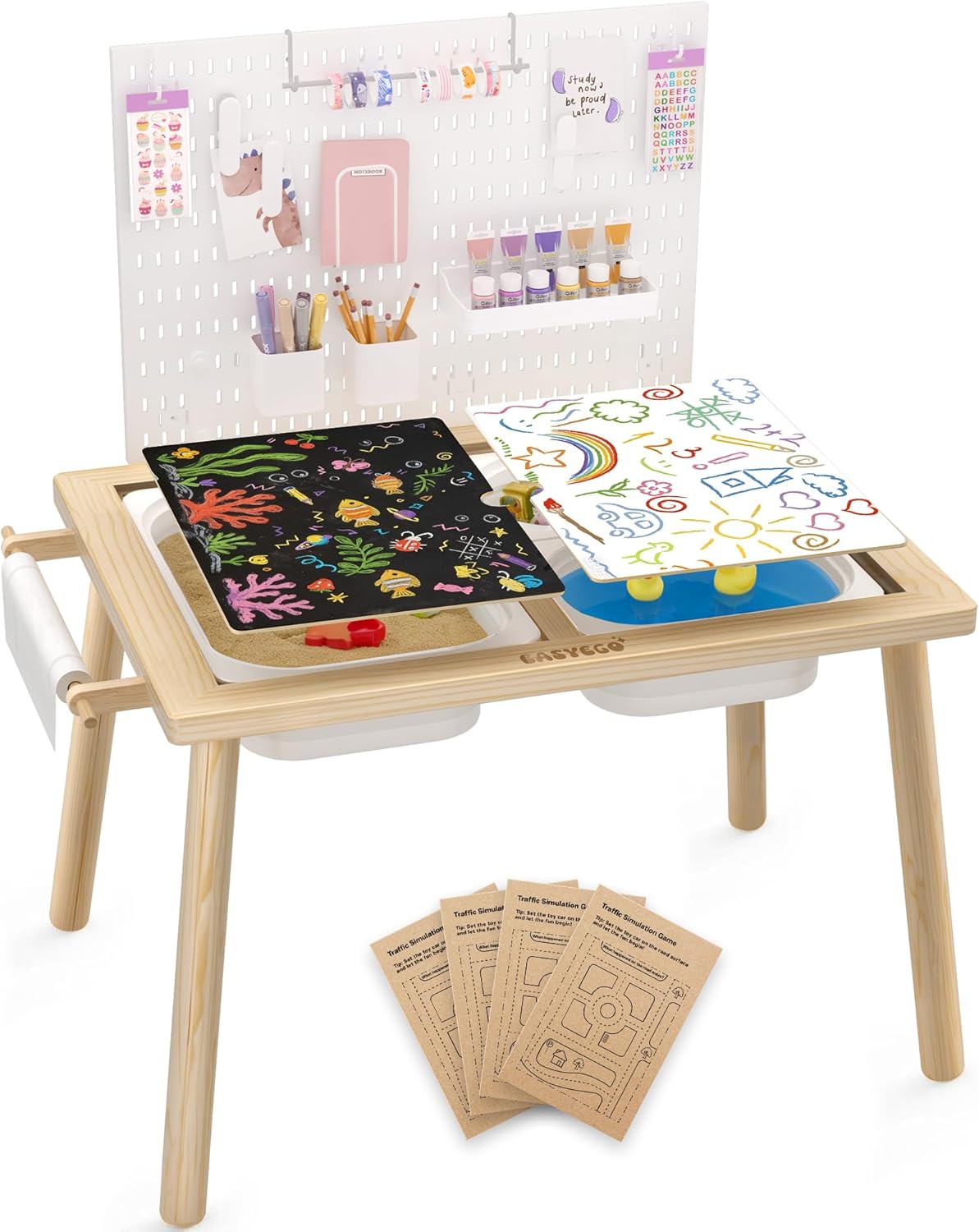 Easyego Sensory Table for Toddlers Kids Play Wooden Sand Water Table with Can DIY Creation Pegboard & Foldable Storage Bins for Indoor and Outdoor Use,Birthday Gifts for Boys and Girls - Natural Color