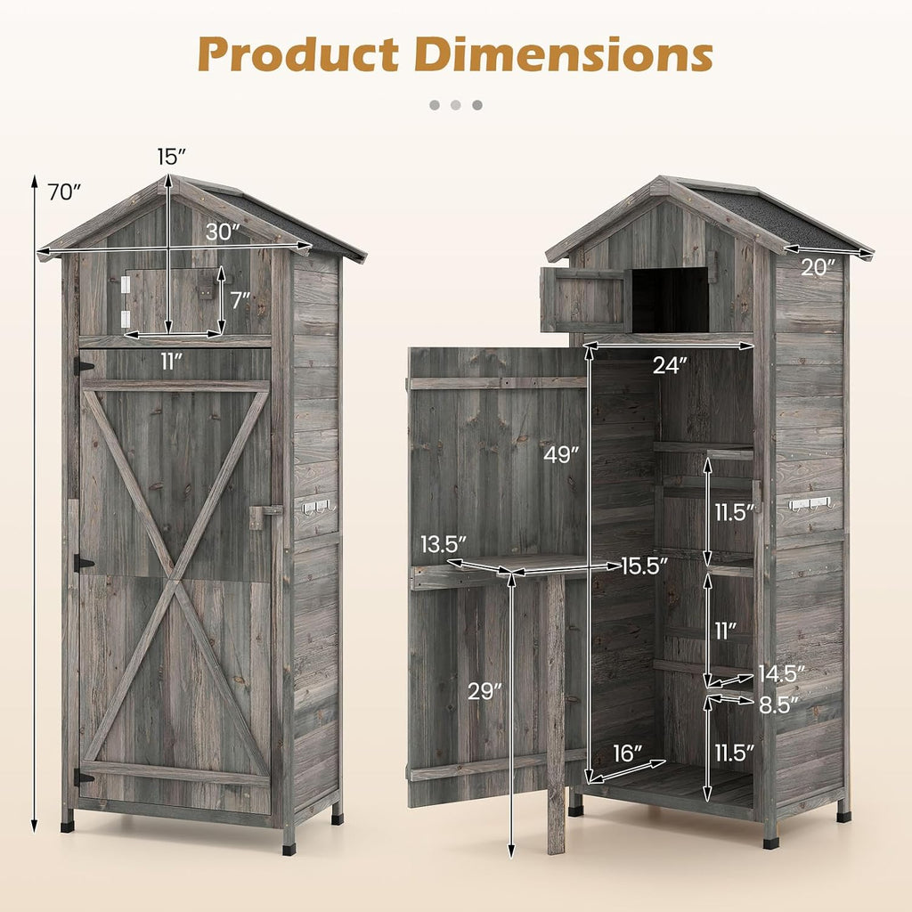 Goplus All-in-One Storage Shed, 70' Tall Wooden Lockable Cabinet w/Foldable Work Table, Vertical Utility Tool Organizer w/Shelves & Hooks, Waterproof Garden Shed for Patio Backyard (Gray)