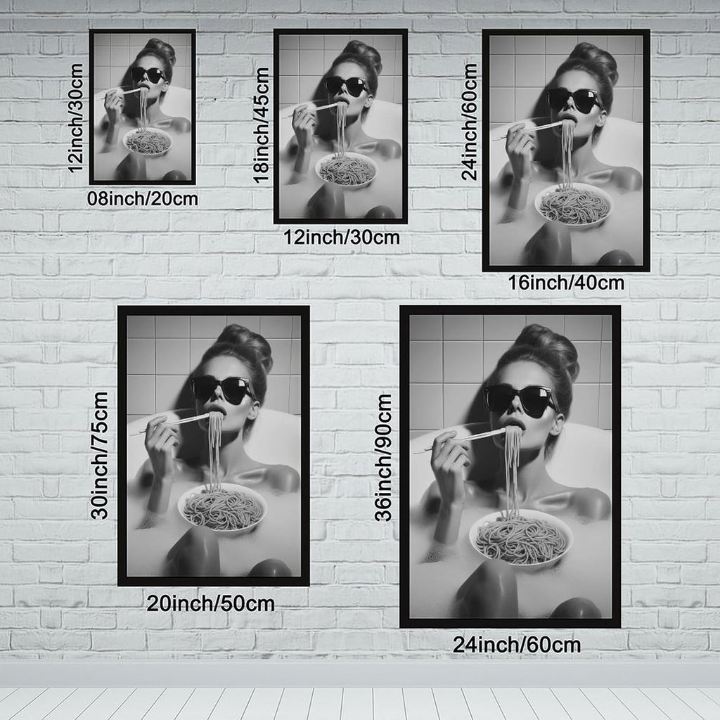 UXCBIA Woman Wearing Sunglasses Eating Spaghetti in Bathtub, Black And White, Funny Bathroom Poster Canvas Poster Bedroom Decor Sports Landscape Office Room Decor Gift Black Frame 24x36in(60x90cm)