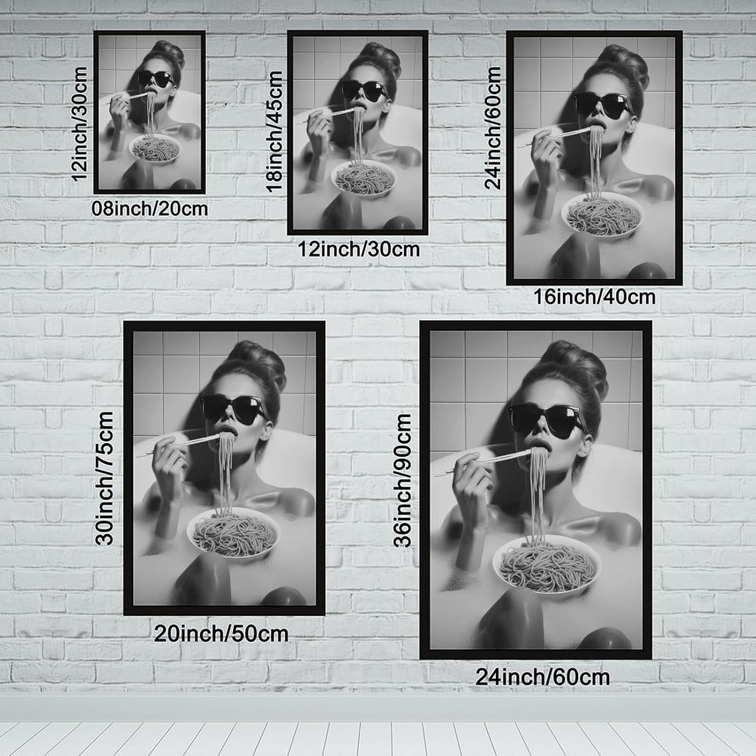 UXCBIA Woman Wearing Sunglasses Eating Spaghetti in Bathtub, Black And White, Funny Bathroom Poster Canvas Poster Bedroom Decor Sports Landscape Office Room Decor Gift Black Frame 24x36in(60x90cm)