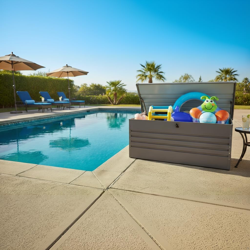 260 Gallon Deck Box, Metal Large Deck Box, Waterproof Deck Storage Box, Pool Storage Box with Lockable Storage Containers, Light Gray