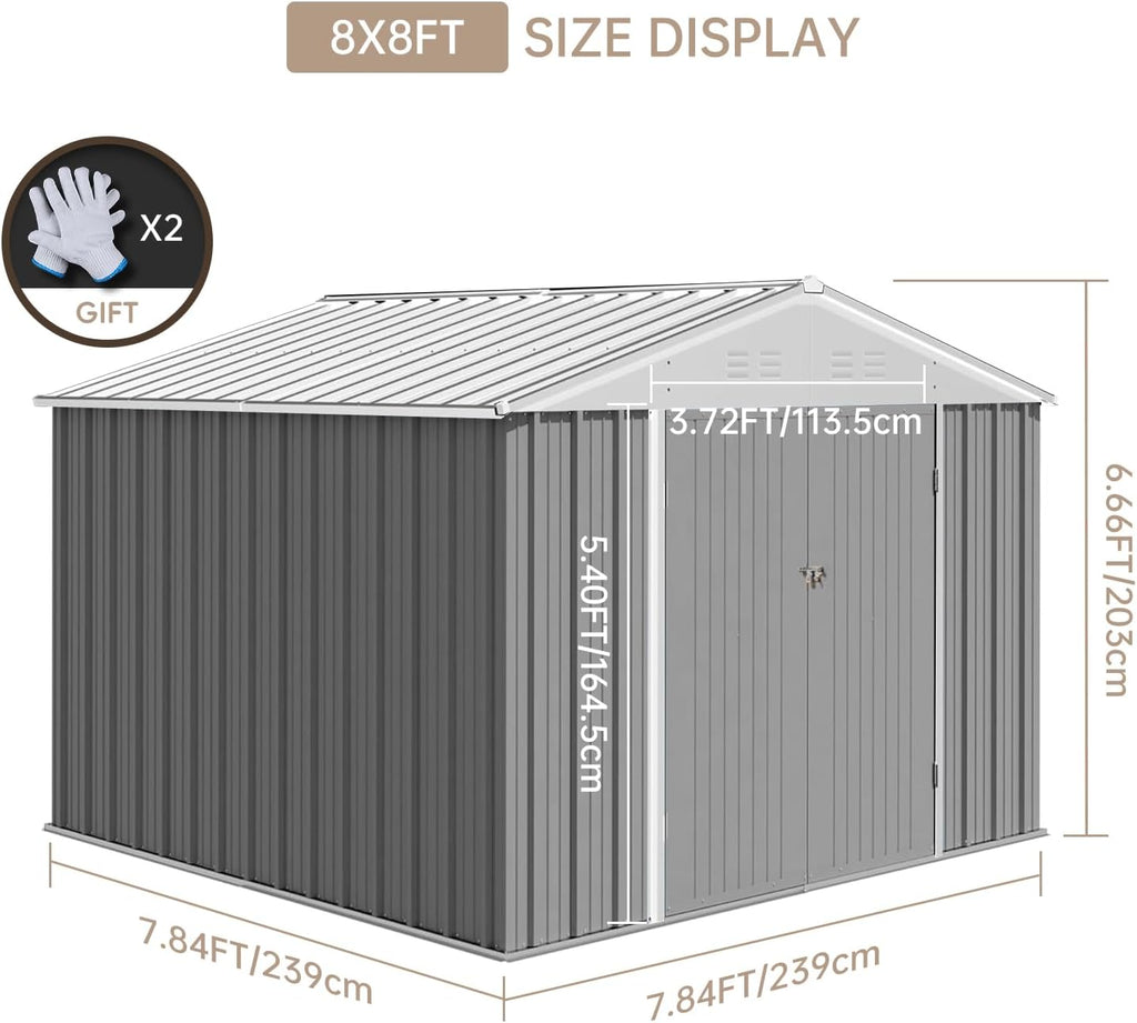 GarveeLife 7.5 x 8.5 ft Outdoor Storage Shed with Updated Frame Structure & Lockable Door, Waterproof Practical Garden Patio Lawn Poolside Metal Tool Shed Designed for Organization & Storage, Gray