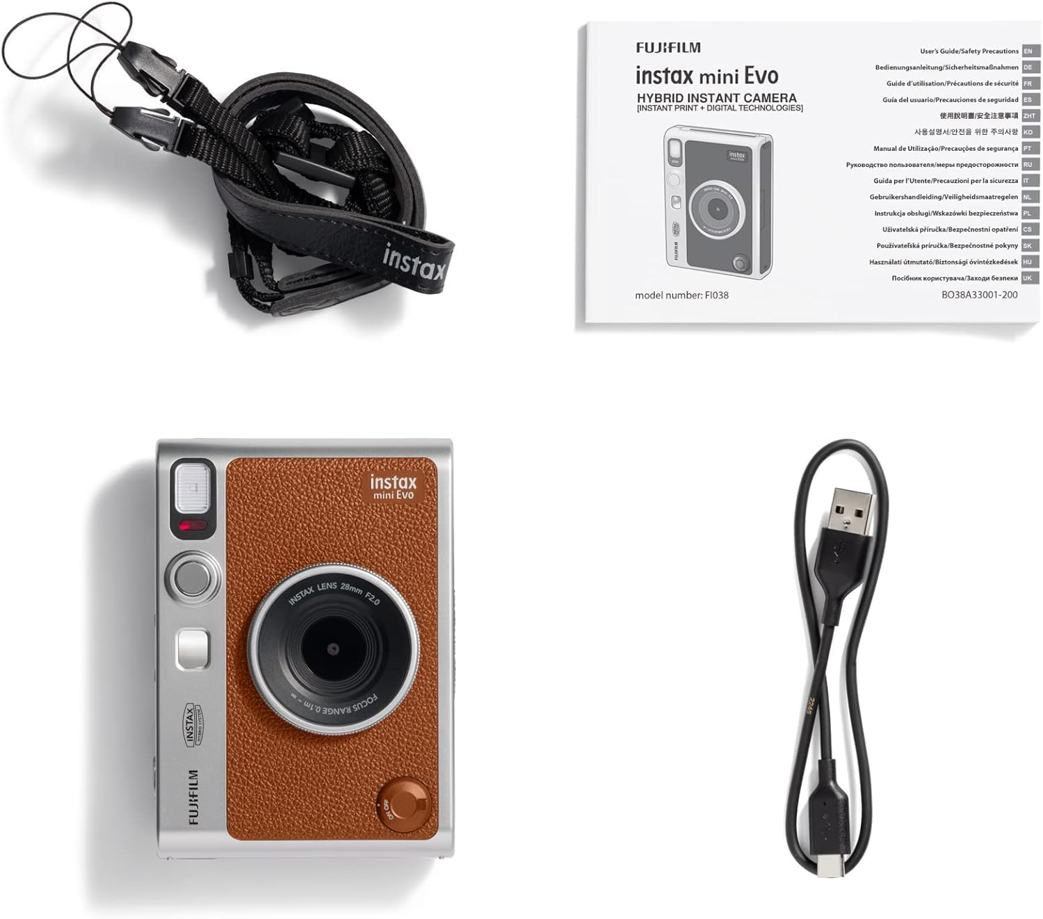 Fujifilm Instax Mini EVO Instant Camera with Sunshine Photo Microfiber Cleaning Cloth (Camera + 3 Twin Packs, Brown)