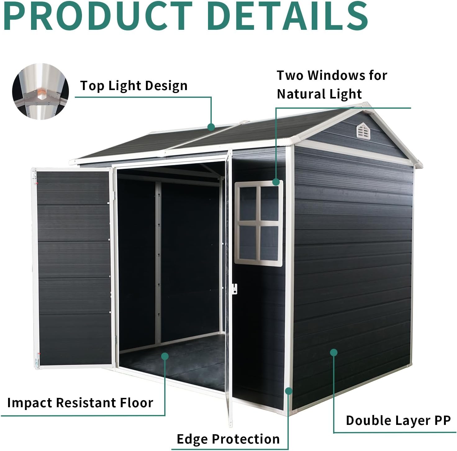 8x4FT Plastic Sheds & Outdoor Storage, Resin Shed with Floor, Plastic Storage Shed with Double Lockable Doors, Windows & Steel Frame, Lawn Mower Shed for Backyard/Garden Tools/Bike (8x4FT)