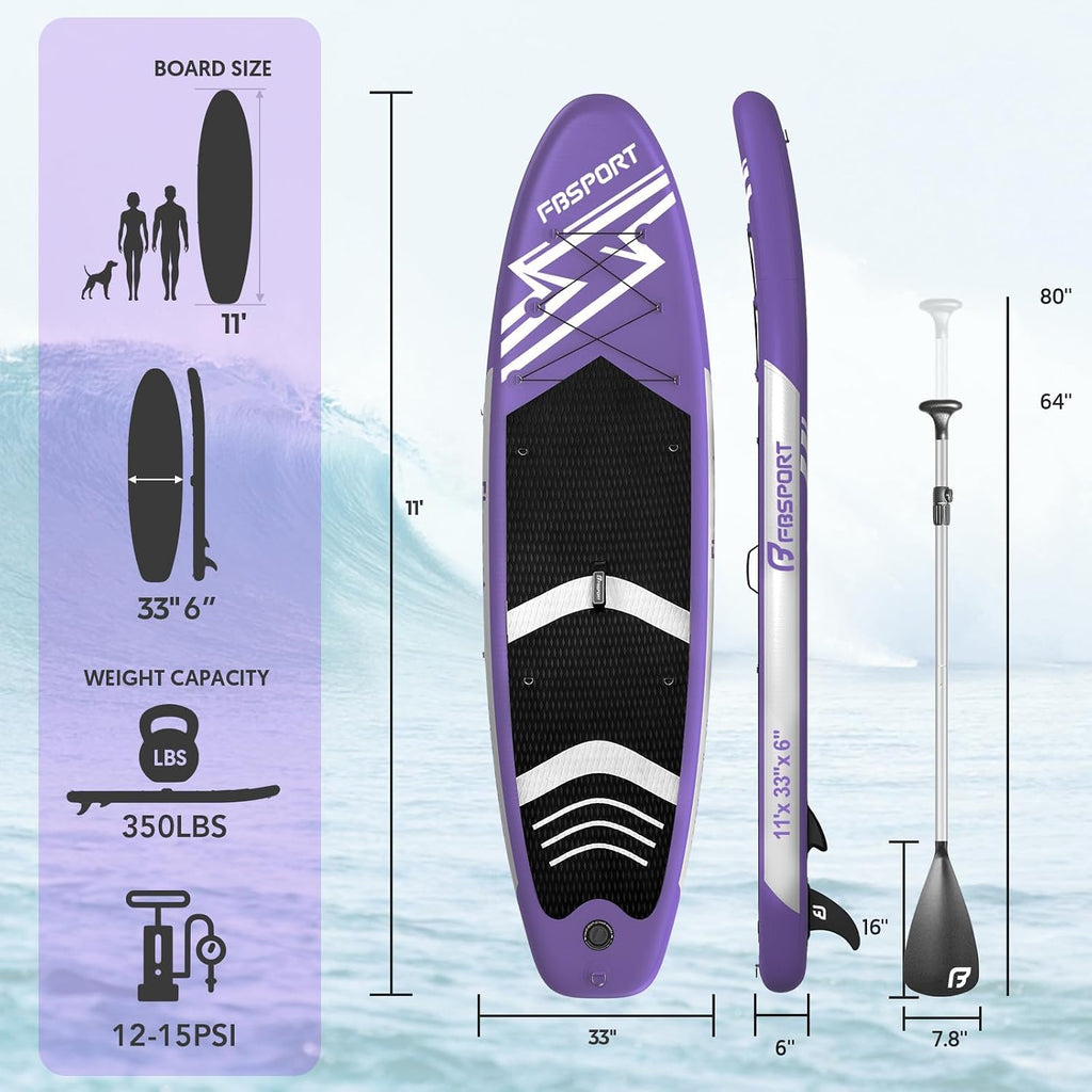 FBSPORT 11' Premium Stand Up Paddle Board, Yoga Board with SUP Accessories & Carry Bag | Wide Stance, Surf Control, Non-Slip Deck, Leash, Paddle and Pump for Youth & Adult
