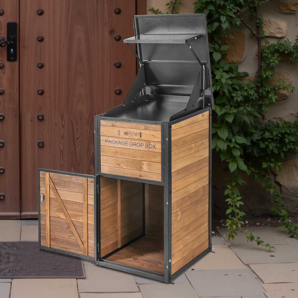 Package Delivery Box with Anti-Theft Lock & Weatherproof Design - 40+ Gallon Large Outdoor Parcel Drop Box for Porch, Metal/Wood Frame for UPS/FedEx Deliveries