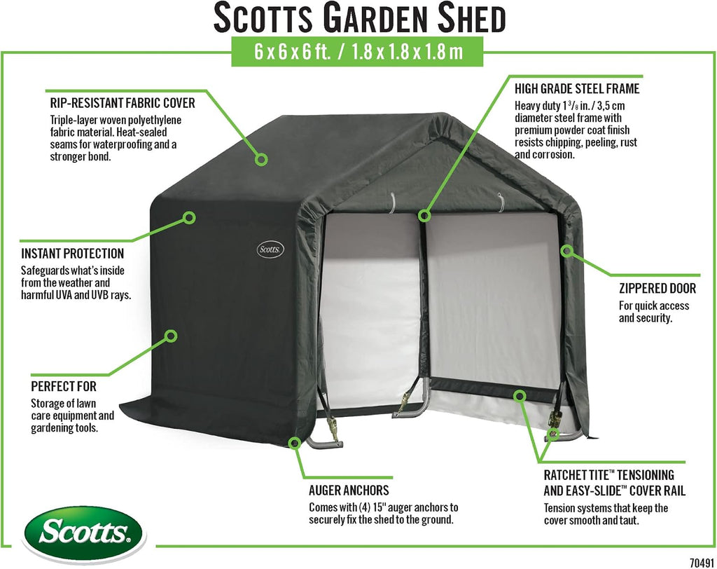 Scotts 6' x 6' x 6' All Season Outdoor Storage Shed with Waterproof Cover, Green
