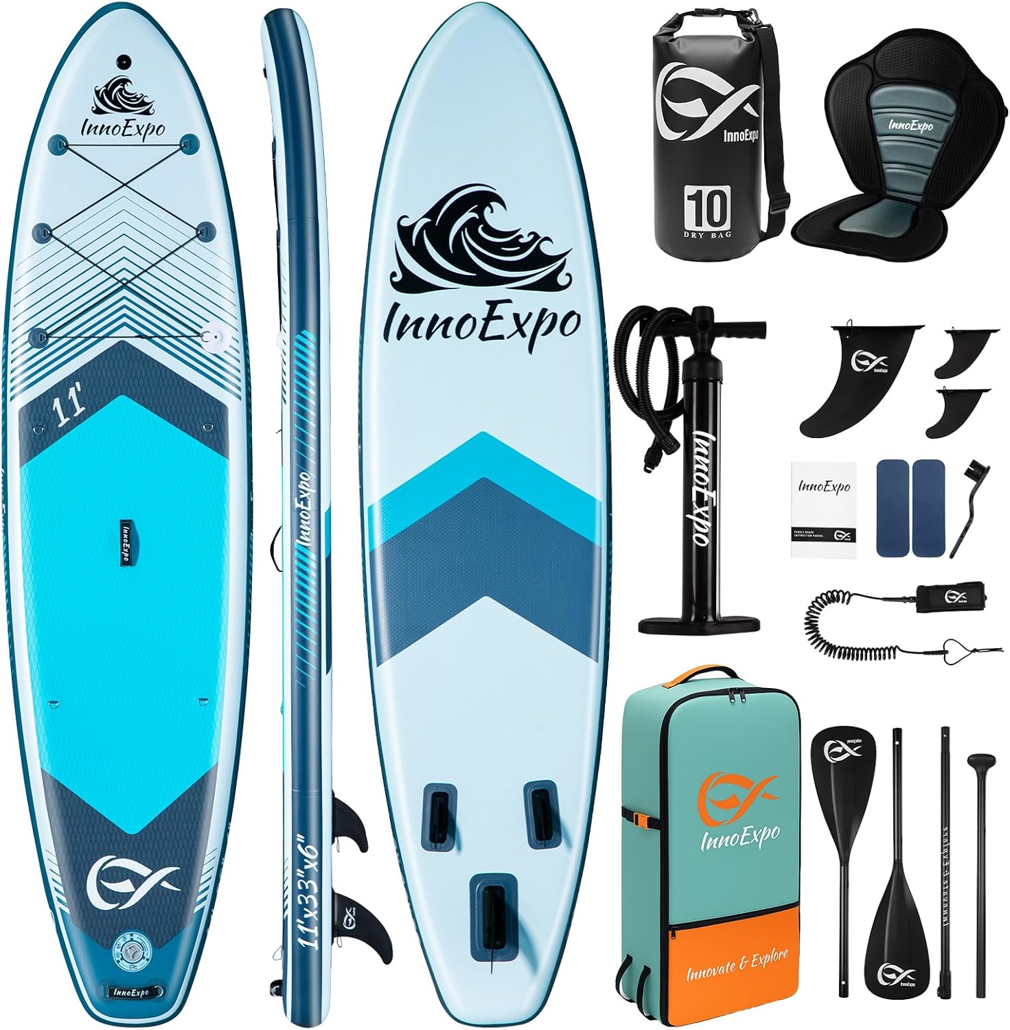 InnoExpo Inflatable Stand Up Paddle Boards with Premium Accessories, Wide Stable SUP Paddle Board Design, Non-Slip Comfort Deck for Youth & Adults