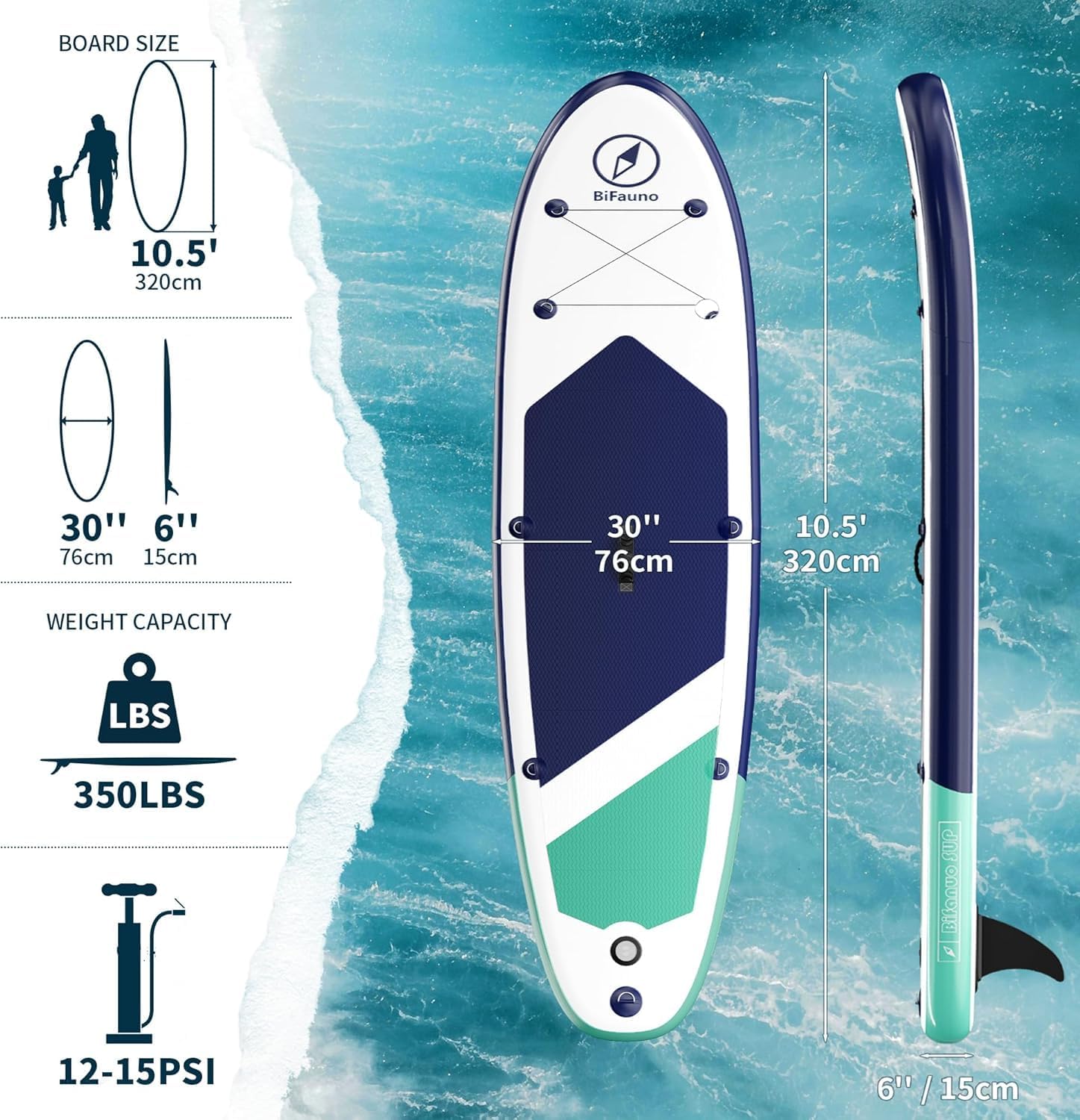 Bifanuo Inflatable Stand Up Paddle Board with SUP Accessories & Backpack. Paddle Boards for Adults. Non-Slip Deck, Wide Stance, Bottom Fin, Double Action Pump.