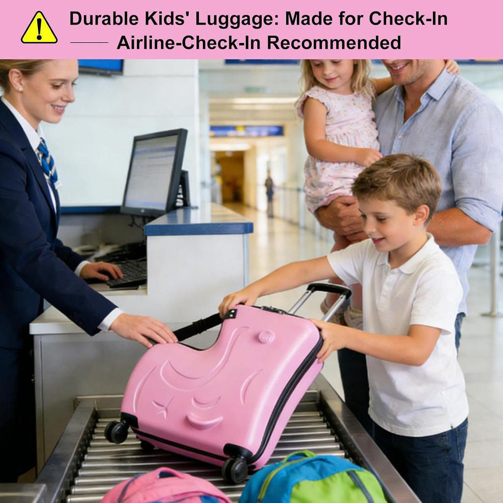 22 Inch Kid Ride Suitcase, Kid Luggage Seat Ride With Lock - Kids Travel Trolley With Safety Belt, Luggage For Kids Airplane Travel,Suitcase To Aged 1-6 Years Old,ABS+PC(Pink)