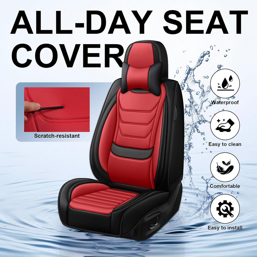 DHAEY Car Seat Covers for Kia NIRO 2017-2025, Family Seat Covers, Nappa Leather, Wear-Resistant, Anti-Slip, Waterproof, 2PCS Front with Pillows, Black Red