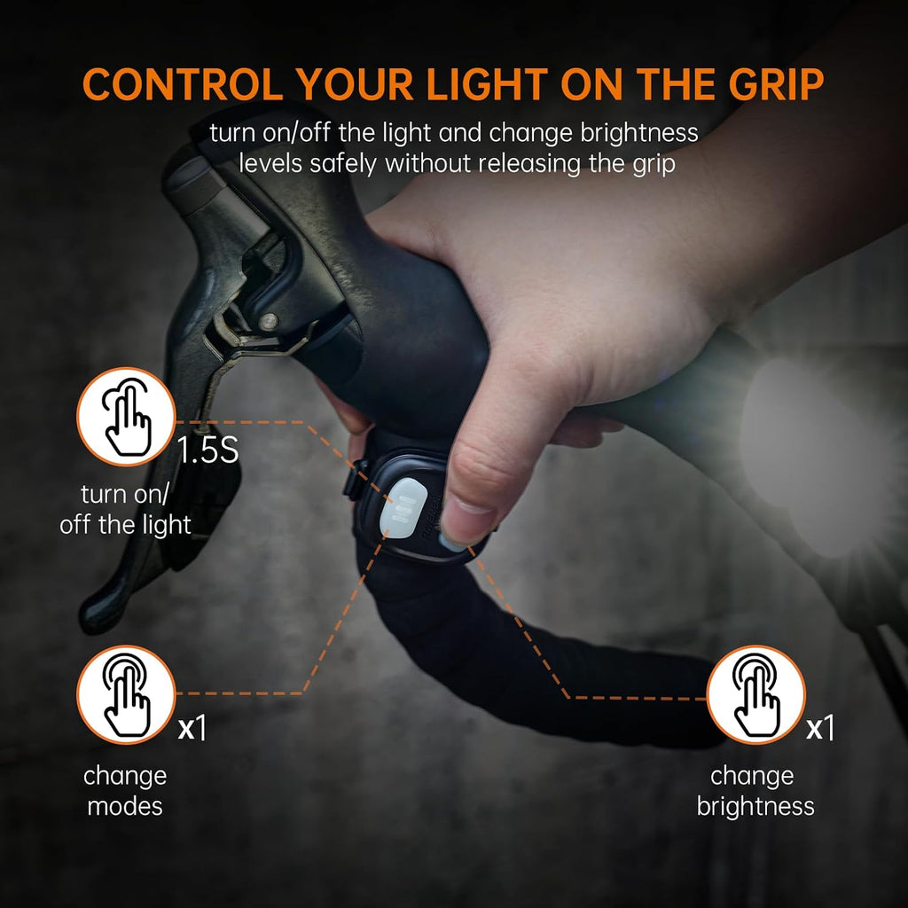 RAVEMEN PR2400 Bike Light for Mountain Biking, 2400 Lumens Bike Headlight with OLED Runtime Display, USB Output, Far Reaching High Beam, Anti-Glare Low Beam, IPX8 Waterproof