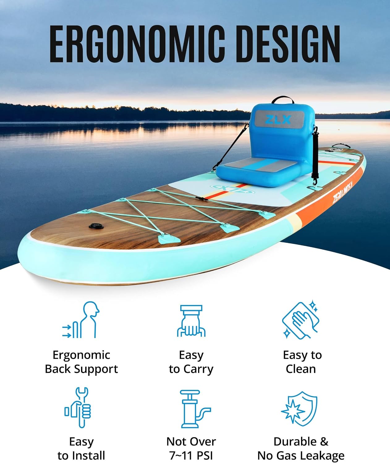 ZLX Paddle Board Seat with Back Support, Portable Kayak Seat, Air Pump Included, Universal Inflatable Seat for Adults, Foldable Ergonomic Design, Easy Install for Outdoor Fishing/Kayaking/Camping