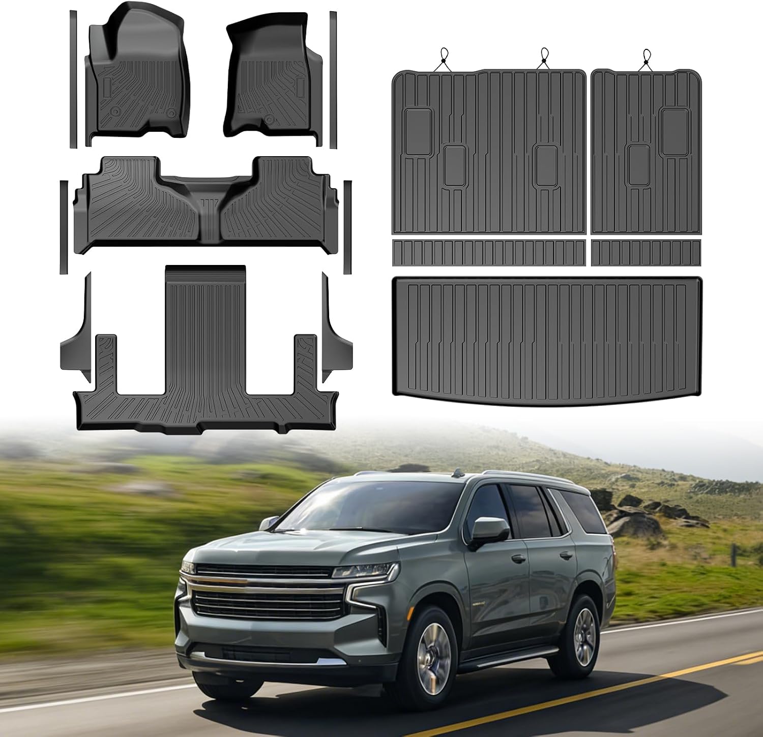 Mixsuper Floor Mat & Cargo Liner for 2021-2026 Chevrolet Chevy Tahoe/GMC Yukon 7 Seat(Not for Yukon XL),All Weather TPE Floor mat with Backrest and Door Sill Guards Tahoe Accessories,Anti-Slip Black