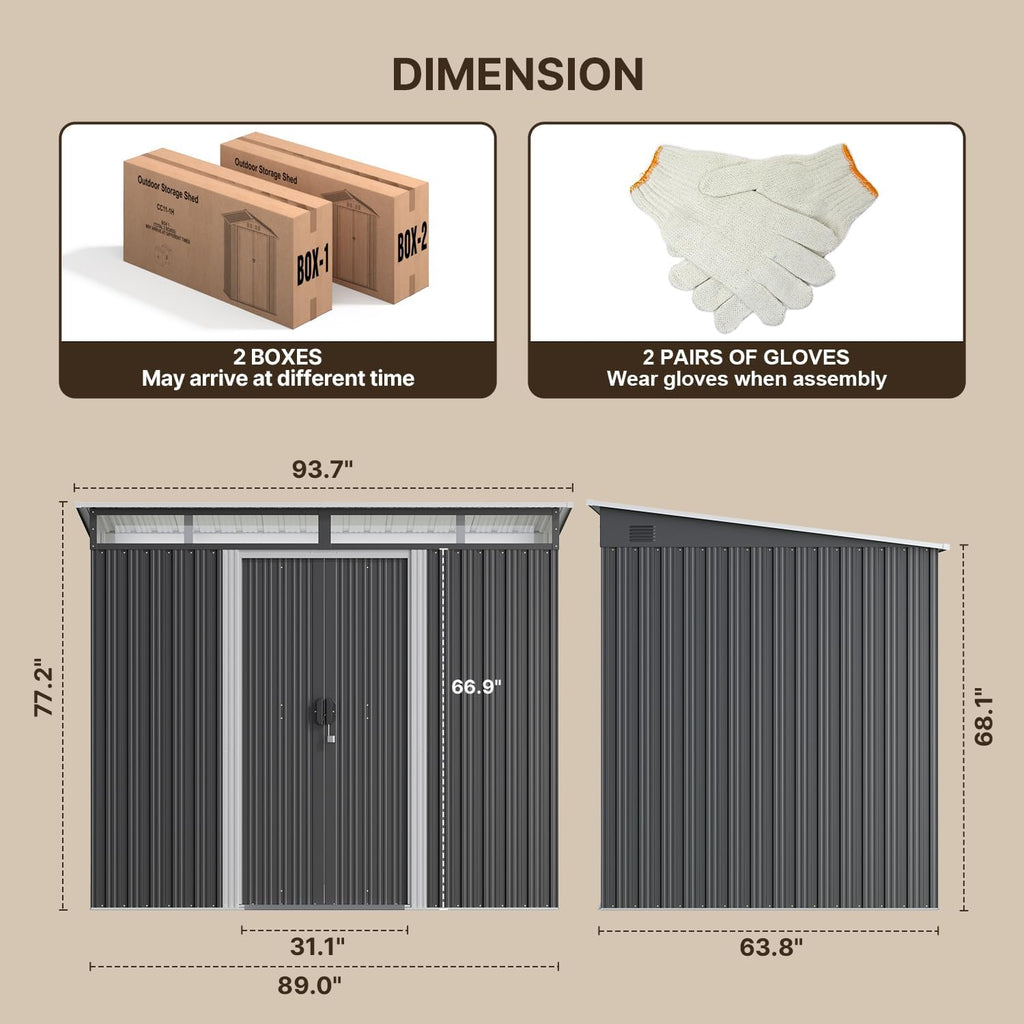 Gizoon 7.4'x5.3' Outdoor Storage Shed Metal Garden Shed with Sliding Lockable Doors, Versatile Tool Bike Shed with Transparent Panel Windows, Outdoor Storage Clearance for Backyard, Patio, Dark Gray