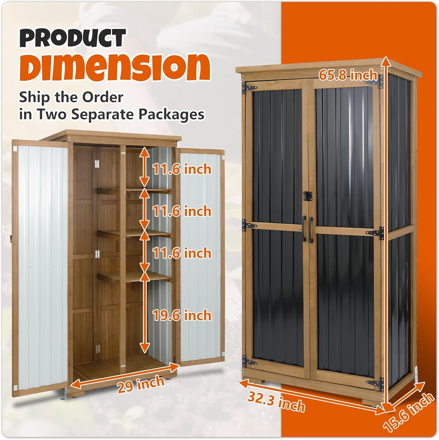 Outdoor Storage Cabinet with Shelves, Wood & Metal Storage Shed with Weatherproof Roof, Lockable Doors, Adjustable Feet, Outside Storage Cabinet for Garage, Patio (15.6' D x 32.3' W x 65.8' H)