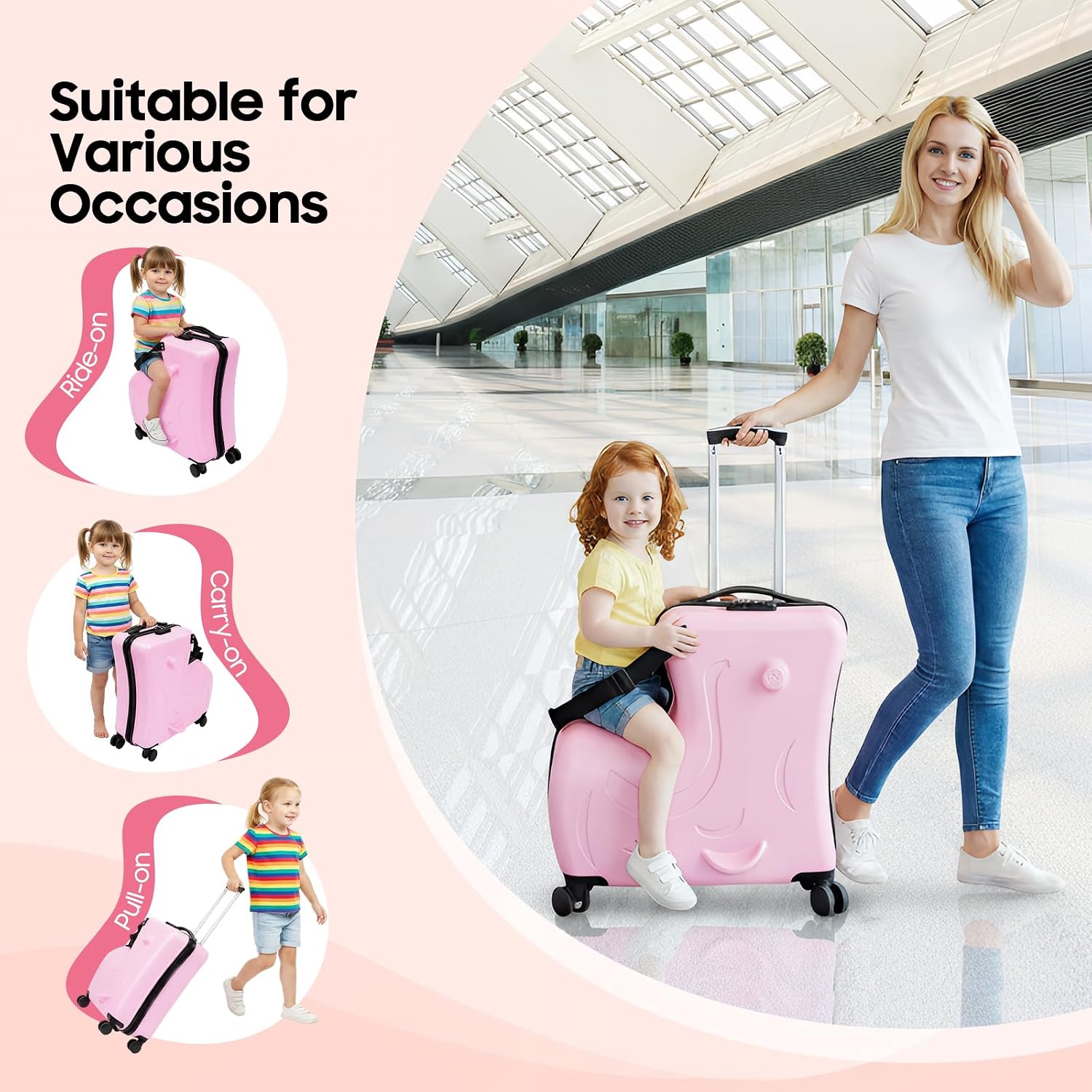 20Inch Kid Ride Suitcase, Portable Kids Travel Suitcase with Lock & Safety Belt, Floor Standing Children's Travel Trolley Case, Ride On Suitcase for Kids Aged 3-6 Years Old