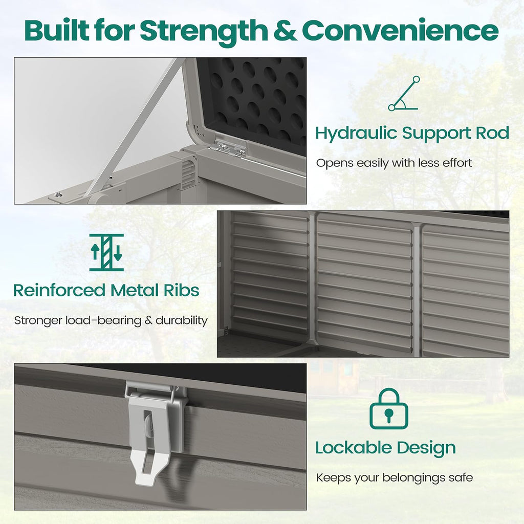 Resin Deck Box 130 Gallon, Lockable & Waterproof Outdoor Storage, UV-Resistant Patio Box for Cushions, Tools, and Outdoor Accessories (Gray)