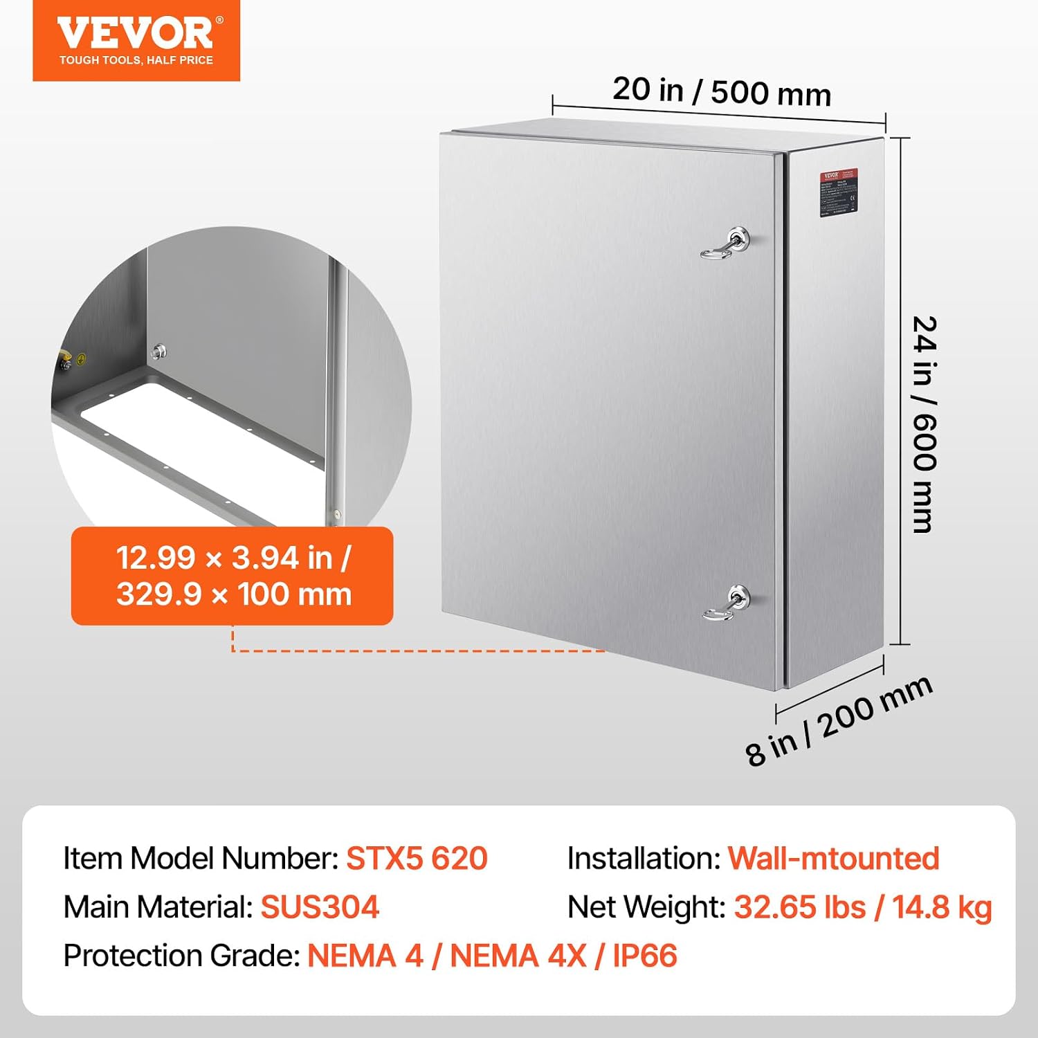 Steel Electrical Box, 24'x 20'x 8', 304 Stainless Steel Electrical Enclosure Box, Wall-Mounted Outdoor Electrical Electronic Equipment Enclosure with Mounting Plate Hinges Lock, IP66 Waterproof