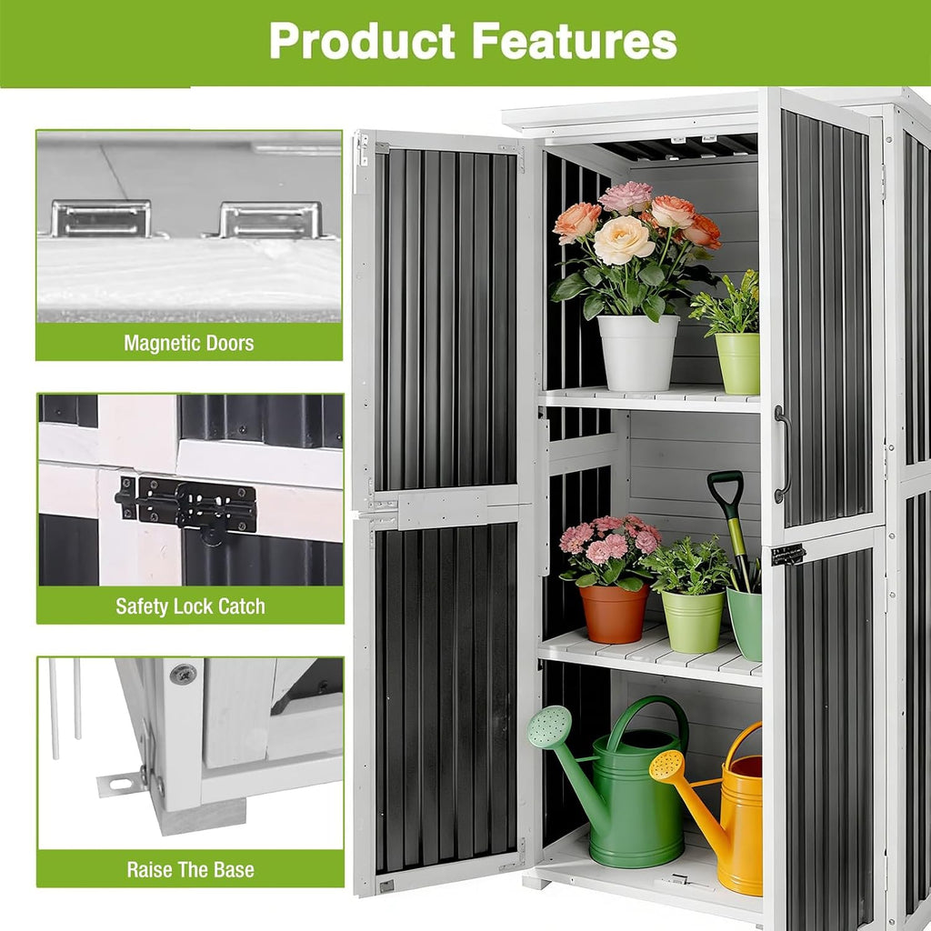 Outdoor Storage Shed with Metal Frame, Garden Sheds with Waterproof Resin Panel and Roof, Garden Tool Cabinets with Adjustable Shelves and Elevated Floor (Black)