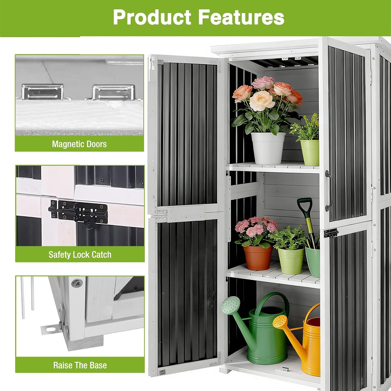 Outdoor Storage Shed with Metal Frame, Garden Sheds with Waterproof Resin Panel and Roof, Garden Tool Cabinets with Adjustable Shelves and Elevated Floor (Black)