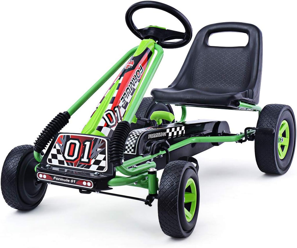HONEY JOY Go Kart for Kids, 4 Wheel Quad Off-Road Pedal On Foot Go Cart w/Steering Wheels & Adjustable Seat, 2 Safety Brakes, EVA Tires, Clutch, Outdoor Racer Ride On Pedal Car (Green)