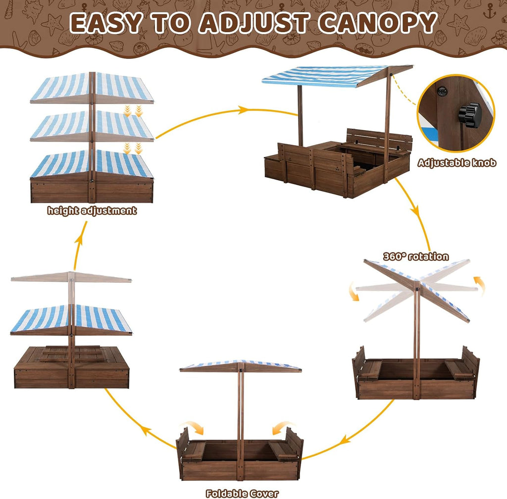 Kids' Outdoor Wooden Sandbox with Id,Sand Box with Toy Storage Box,Kids Play Equipment Sand Protection Bottom Liner Included 47X47in. (Brown)