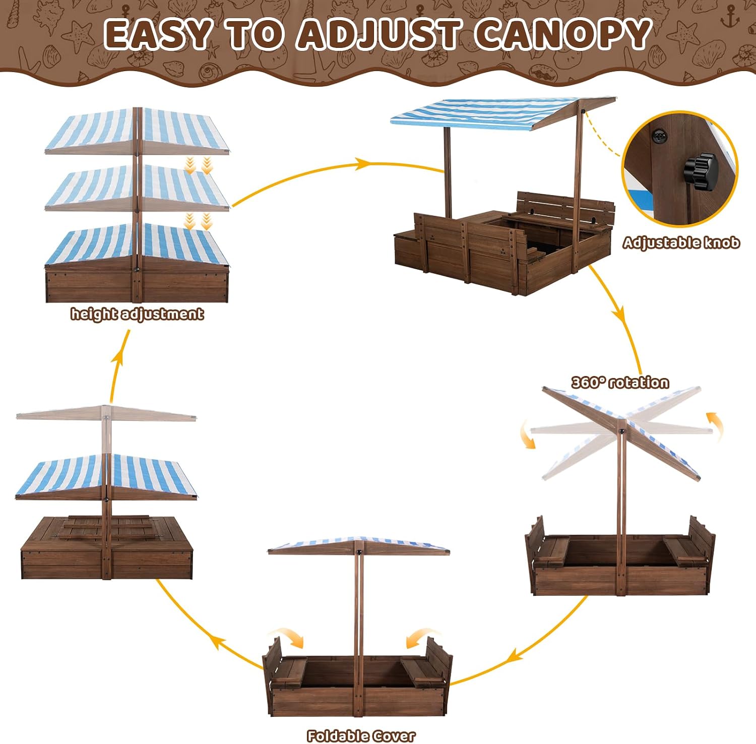 Kids' Outdoor Wooden Sandbox with Id,Sand Box with Toy Storage Box,Kids Play Equipment Sand Protection Bottom Liner Included 47X47in. (Brown)