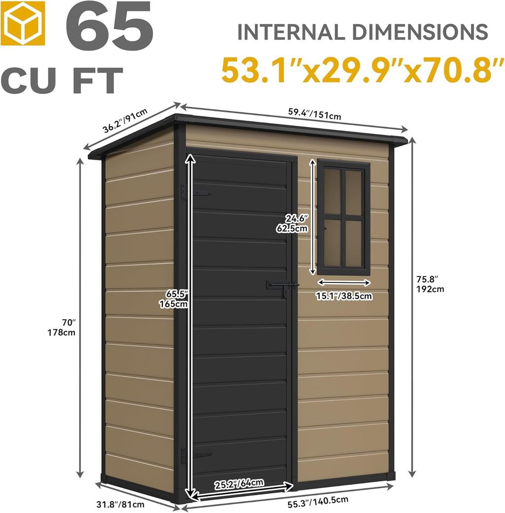 DWVO 5x3 FT Outdoor Storage Shed with Floor, All-Weather Resin Storage Shed with Lockable Door & Window, Waterproof Plastic Tool Storage for Garden, Backyard, Patio, Lawn, Brown