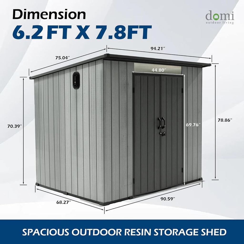 Domi 6x8FT Lean to Resin Shed, Plastic Outdoor Storage Shed with Carpet, Outside Storage Building for Garden Tools, Bike, Lawn Mower, Yard