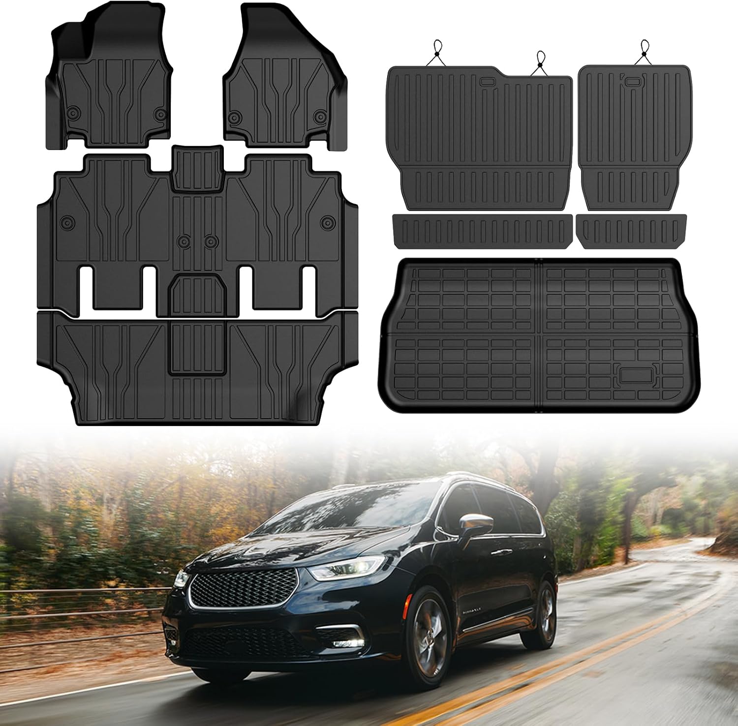 Mixsuper Floor Mat & Cargo Liner for Chrysler Pacifica Gas Touring 7/8 Seat 2017-2026(Non Hybrid & Pinnacle),All Weather TPE Floor Liners for Pacifica Accessories,Full Set Anti-Slip Car Mats,Black