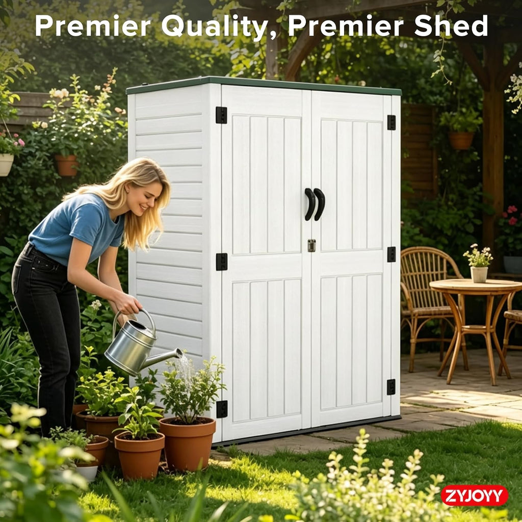 ZYJOYY 4.5 x 5.7 FT Outdoor Storage Shed, 59 Cuft Outside Waterproof Storage Cabinet, HDPE Resin Plastic 385 Gallon Outdoor Storage Container, Vertical Lockable Storage Shed, Light Grey