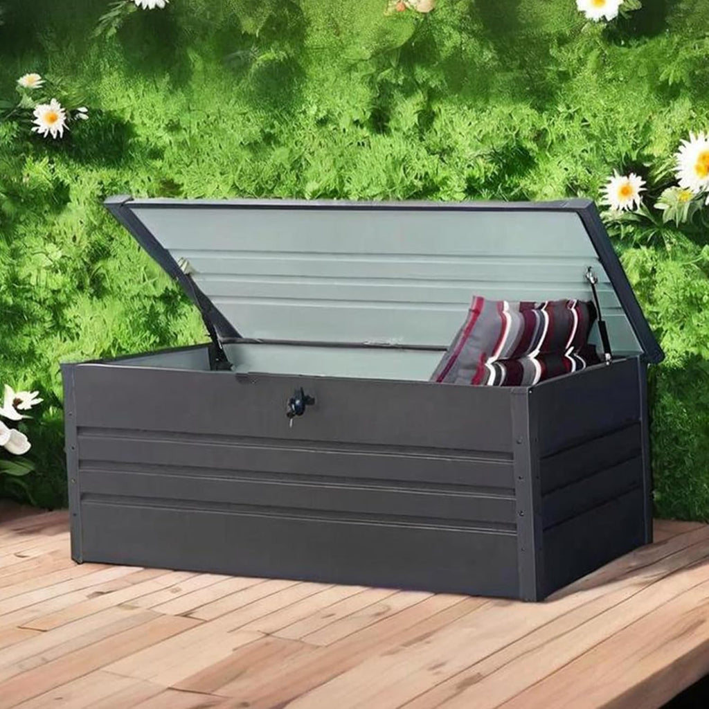 260 Gallon Deck Box, Metal Large Deck Box, Waterproof Deck Storage Box, Pool Storage Box with Lockable Storage Containers, Dark Gray