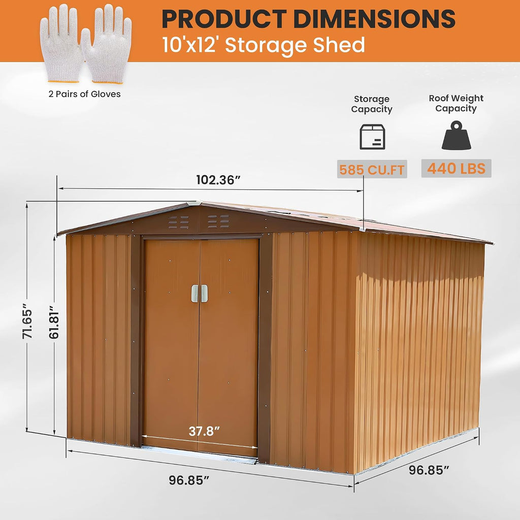 8x8 FT Outdoor Storage Shed Metal Garden Shed Updated Frame Structure with Lockable Sliding Door, Steel Anti-Corrosion Outside Sheds Waterproof for Backyard, Pool, Patio, Coffee