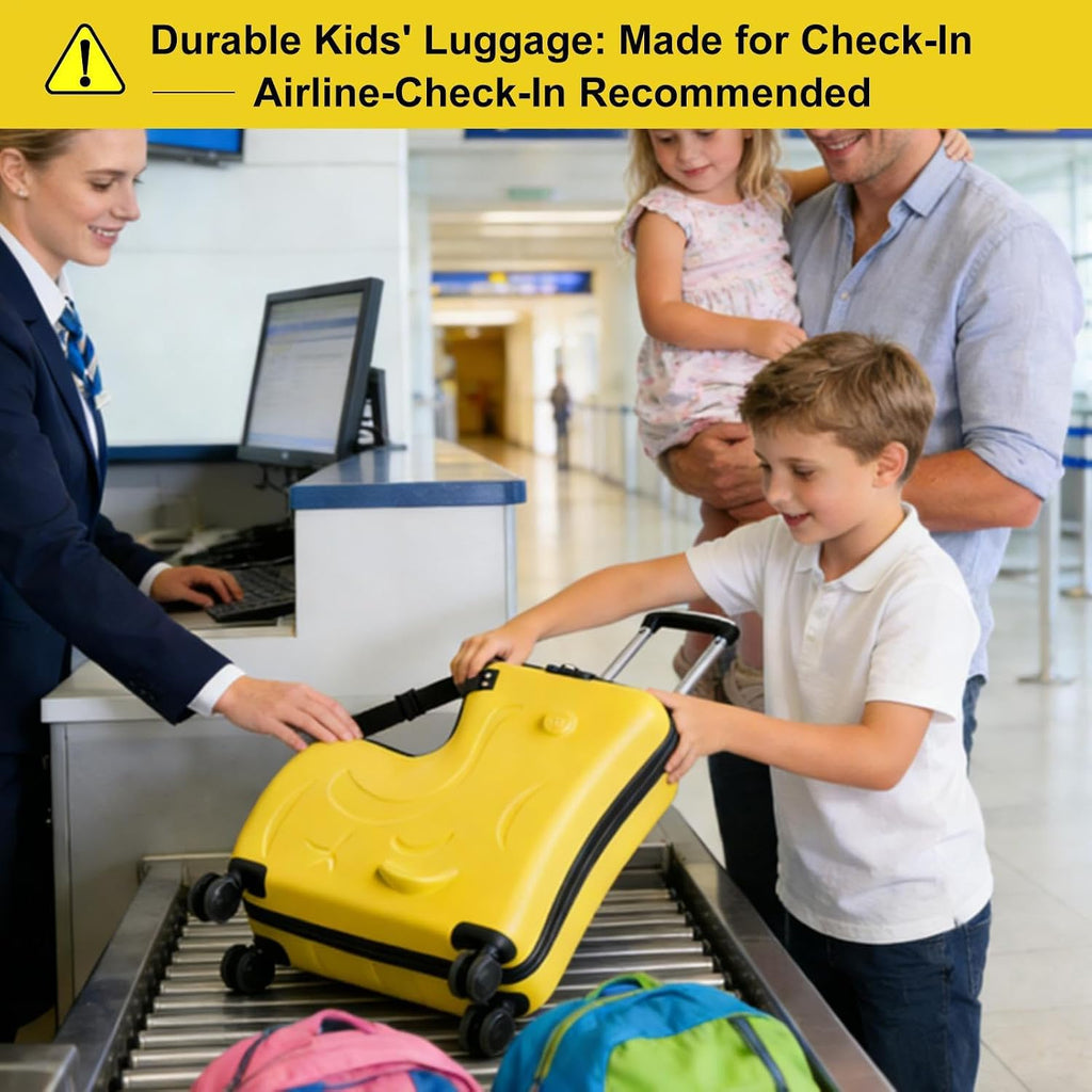 22 Inch Kid Ride Suitcase, Kid Travel Trolley With Safety Belt, Kids Luggage Seat Ride With Lock, Luggage For Kids Airplane Travel,Suitcase To Aged 1-6 Years Old, ABS+PC (Yellow)