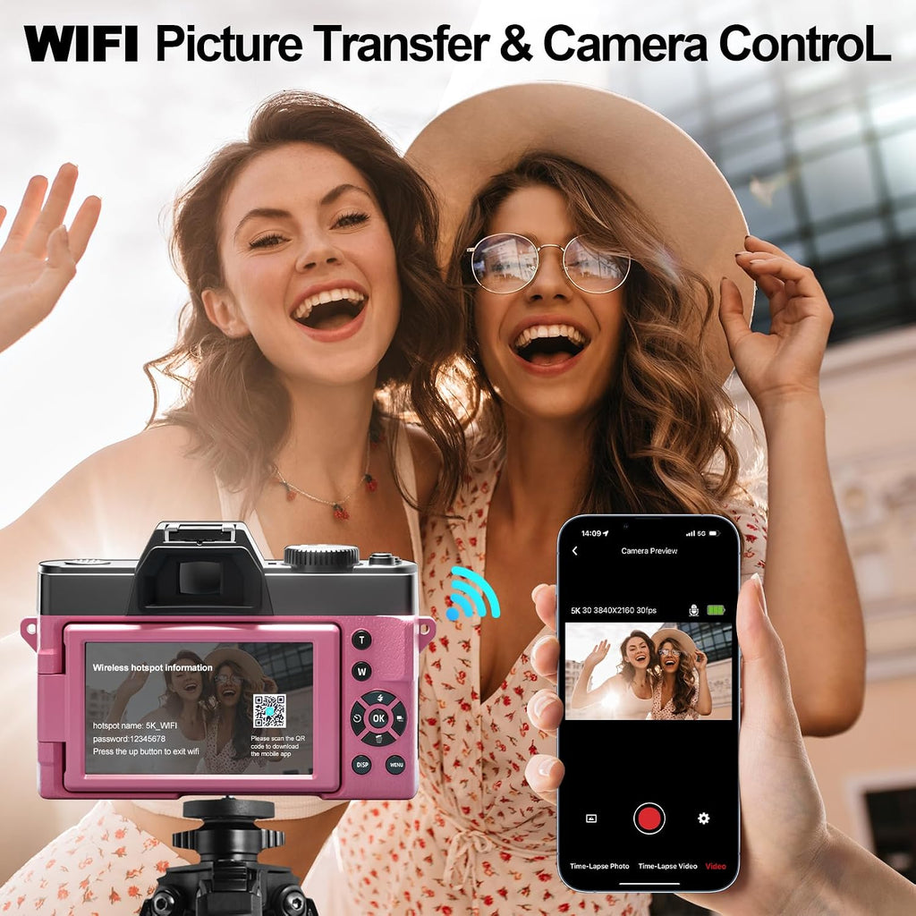 NBD 5K Digital Cameras for Photography - 16X Zoom Travel Camera with 180° Flip Screen, 64MP Vlogging Cameras Fotograficas for YouTube, Auto Focus, Macro Lens, 2 Batteries & 64GB TF Card（Pink）