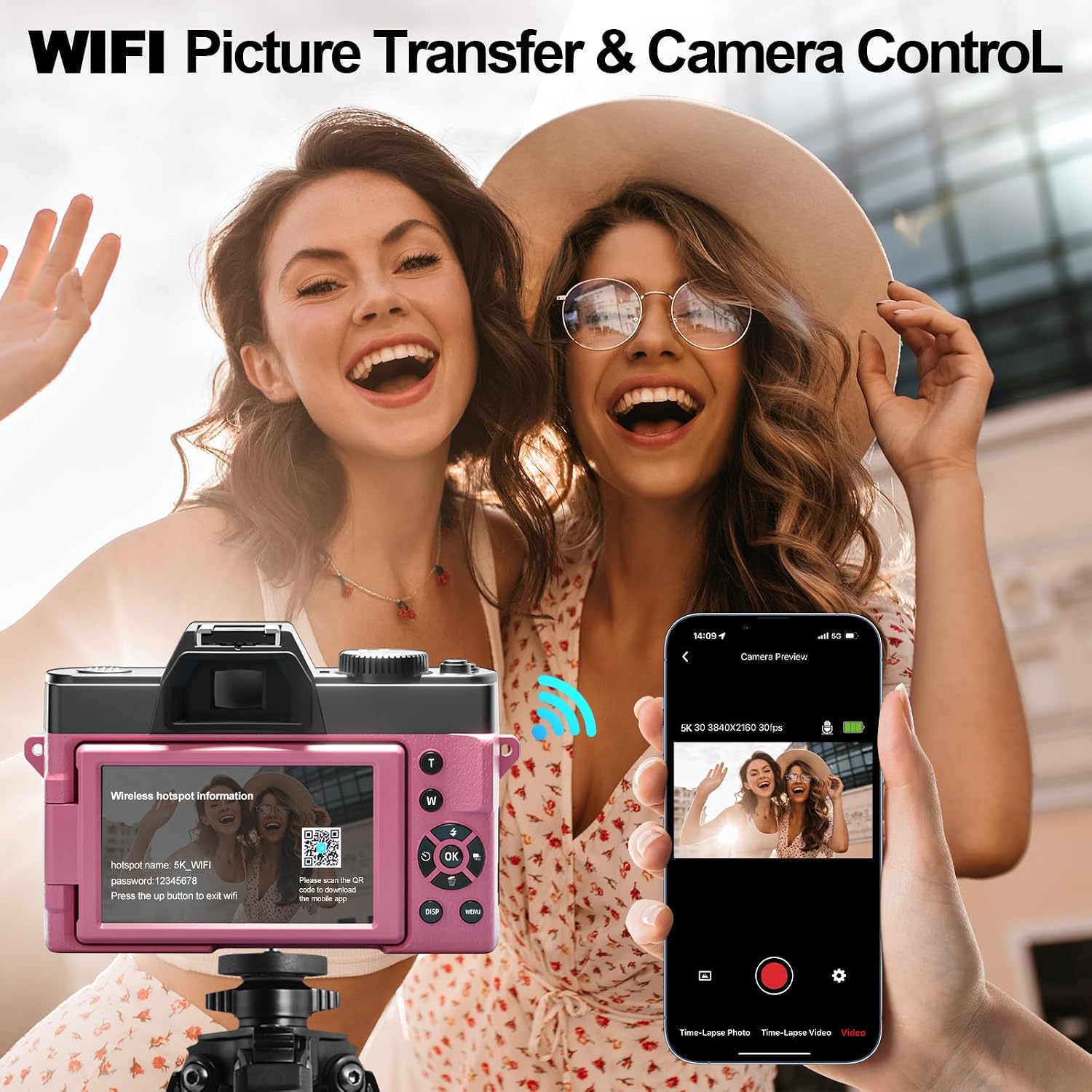 NBD 5K Digital Cameras for Photography - 16X Zoom Travel Camera with 180° Flip Screen, 64MP Vlogging Cameras Fotograficas for YouTube, Auto Focus, Macro Lens, 2 Batteries & 64GB TF Card（Pink）